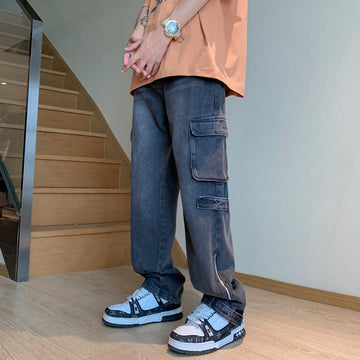 Wiaofellas Fashion Pocket Zipper Men's Jeans Neutral Wide Leg Denim Trousers Loose Straight Jeans Youth Casual Neutral Hip Hop Pants